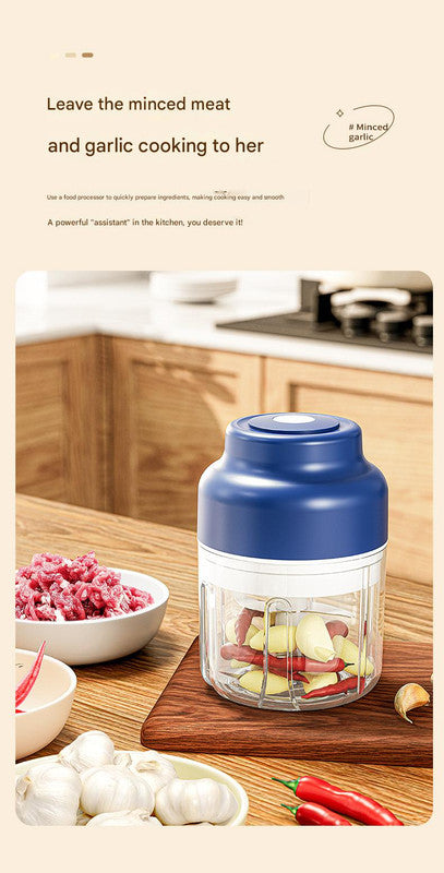 Powerful Mini Electric Food Chopper - USB Rechargeable Cordless Garlic & Meat Mincer(purple 250ml + 4-blade knife)