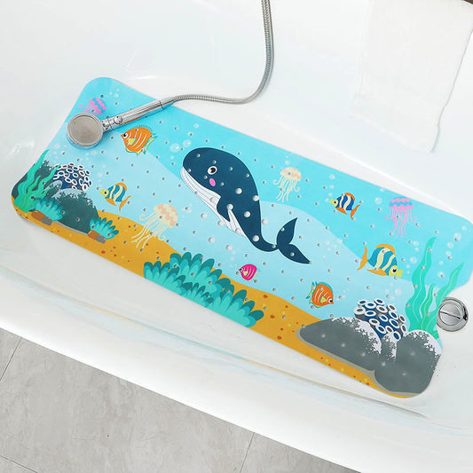 Non-Slip PVC Bath & Shower Mat with Suction Cups and Drainage Holes - Cartoon Ocean Theme(Black Whale)