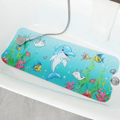 Non-Slip PVC Bath & Shower Mat with Suction Cups and Drainage Holes - Cartoon Ocean Theme(Dolphin)