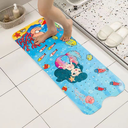 Non-Slip PVC Bath & Shower Mat with Suction Cups and Drainage Holes - Cartoon Ocean Theme(Dark-haired Mermaid)