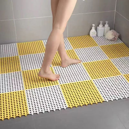 White And Yellow DIY Interlocking Non-Slip Floor Tiles - 18-Pack PVC Drainage Mat for Shower & Bathroom Safety