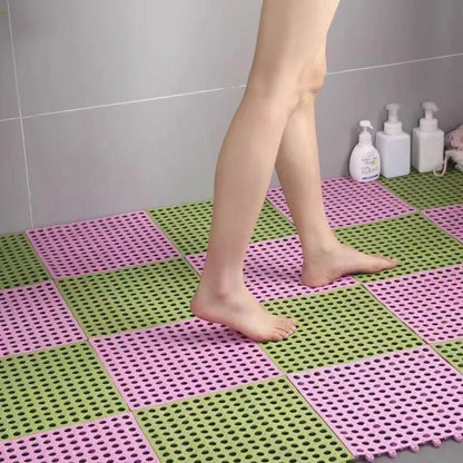 Green And Pink DIY Interlocking Non-Slip Floor Tiles - 18-Pack PVC Drainage Mat for Shower & Bathroom Safety