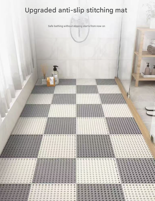 White And Green DIY Interlocking Non-Slip Floor Tiles - 12-Pack PVC Drainage Mat for Shower & Bathroom Safety