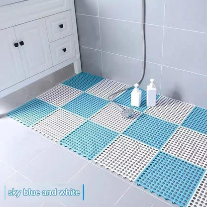 Sky Blue And White DIY Interlocking Non-Slip Floor Tiles - 12-Pack PVC Drainage Mat for Shower & Bathroom Safety
