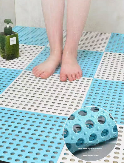 Grey And Green DIY Interlocking Non-Slip Floor Tiles - 12-Pack PVC Drainage Mat for Shower & Bathroom Safety