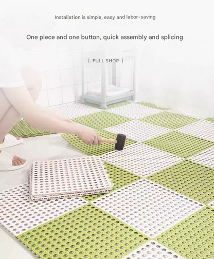 Grey And Green DIY Interlocking Non-Slip Floor Tiles - 12-Pack PVC Drainage Mat for Shower & Bathroom Safety