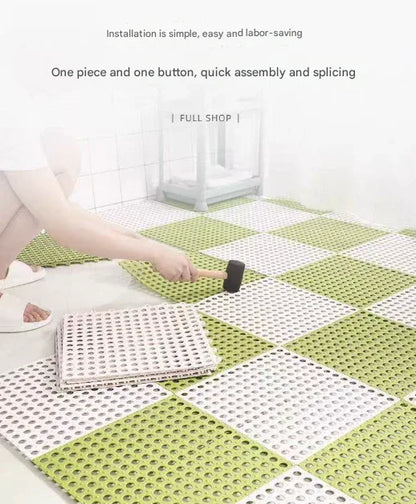 Green And Pink DIY Interlocking Non-Slip Floor Tiles - 12-Pack PVC Drainage Mat for Shower & Bathroom Safety