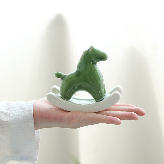 Green Modern Ceramic Rocking Horse Ornament - Cute Porcelain Figurine for Desk & Shelf Decor