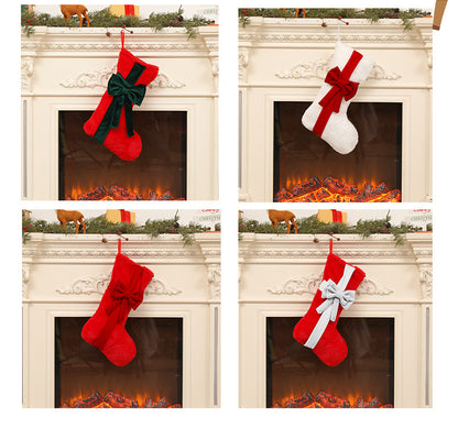 2 Pcs Red Stitching White Bow Luxurious Velvet Christmas Stocking with Elegant Bow - Large 45cm Holiday Mantel Decoration