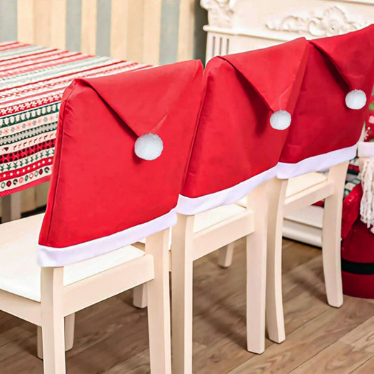 Red Festive Santa Hat Dining Chair Covers - Set of 8 for Holiday Party Decoration
