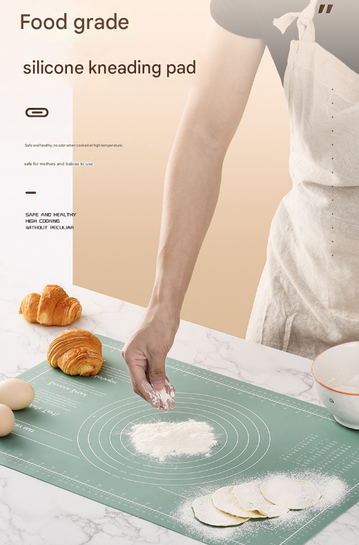 Green 3-Piece Silicone Baking Set - Non-Stick Pastry Mat with Measurements, Rolling Pin & Dough Scraper