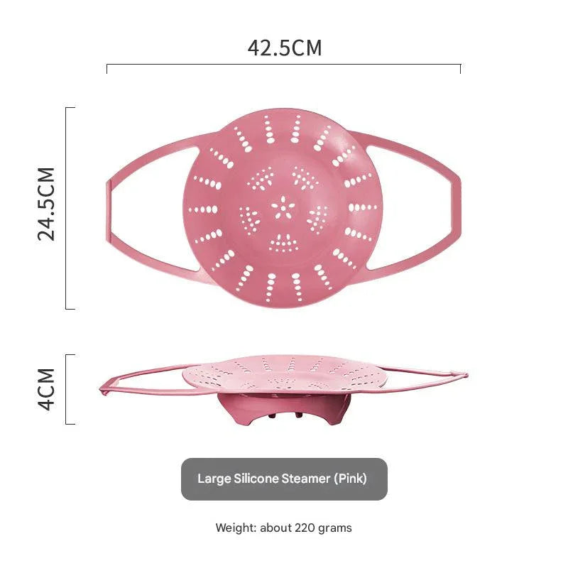 Large Pink Flexible Silicone Steamer Basket with Heat-Resistant Handles - Food-Grade Vegetable Steamer Insert for Pots & Pans
