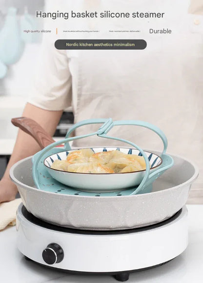 Small Blue Flexible Silicone Steamer Basket with Heat-Resistant Handles - Food-Grade Vegetable Steamer Insert for Pots & Pans