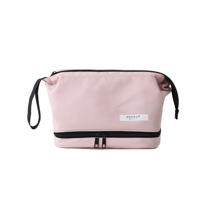 Pink Chic Dual-Compartment Makeup & Toiletry Bag - Large Capacity Travel Organizer with Brush Holder