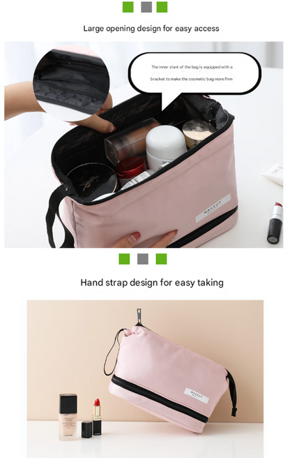 Grey Chic Dual-Compartment Makeup & Toiletry Bag - Large Capacity Travel Organizer with Brush Holder