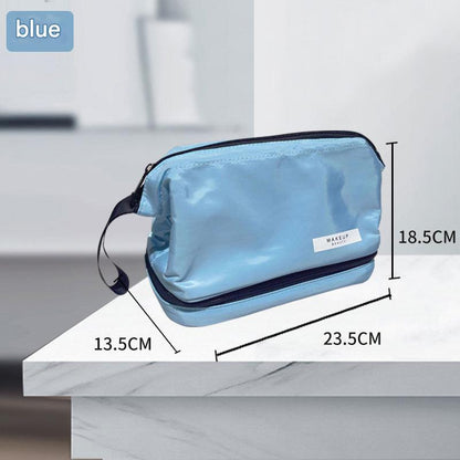 Blue Chic Dual-Compartment Makeup & Toiletry Bag - Large Capacity Travel Organizer with Brush Holder