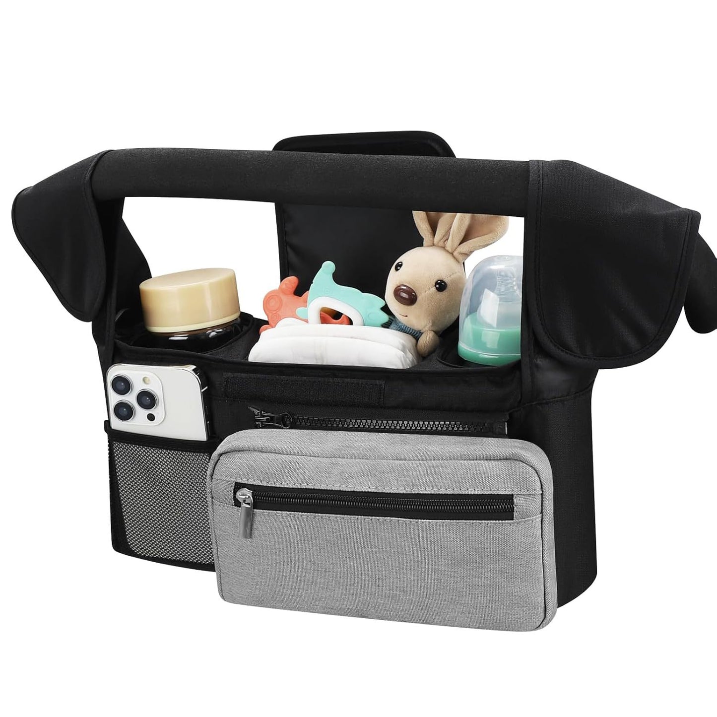 Black and Gray Stitching Universal Stroller Organiser Caddy with Insulated Cup Holders and Detachable Wristlet