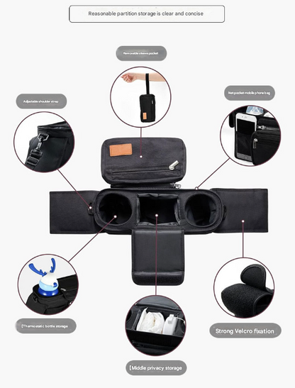 Black and Gray Stitching Universal Stroller Organiser Caddy with Insulated Cup Holders and Detachable Wristlet