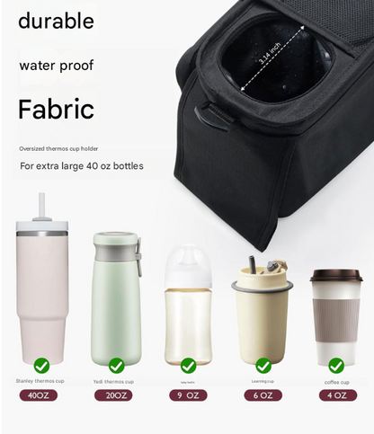Black and Gray Stitching Universal Stroller Organiser Caddy with Insulated Cup Holders and Detachable Wristlet