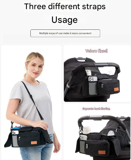 Black and Gray Stitching Universal Stroller Organiser Caddy with Insulated Cup Holders and Detachable Wristlet