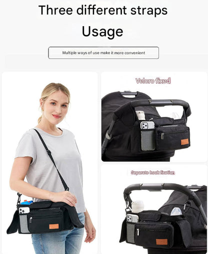 Grey and Black Stitching Universal Stroller Organiser Caddy with Insulated Cup Holders and Detachable Wristlet
