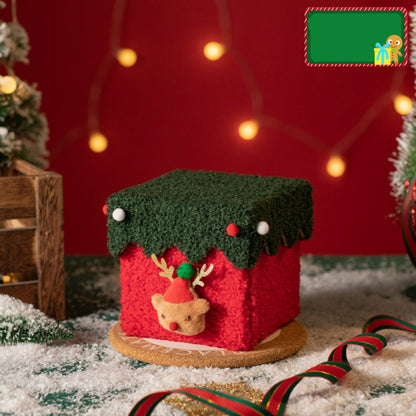 Red and Green Luxe Plush Christmas Gift Box - Decorative Holiday Treat Box with Snowy Trim
