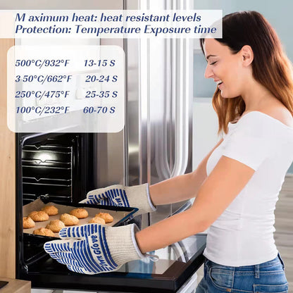Blue and White Extreme Heat Resistant BBQ Gloves - Cut-Resistant Oven Mitts with Non-Slip Silicone Grip