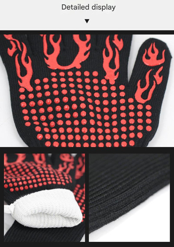 Red Flame Pattern Extreme Heat Resistant BBQ Gloves - 500°C Flame Design Oven Gloves with Non-Slip Silicone Grip