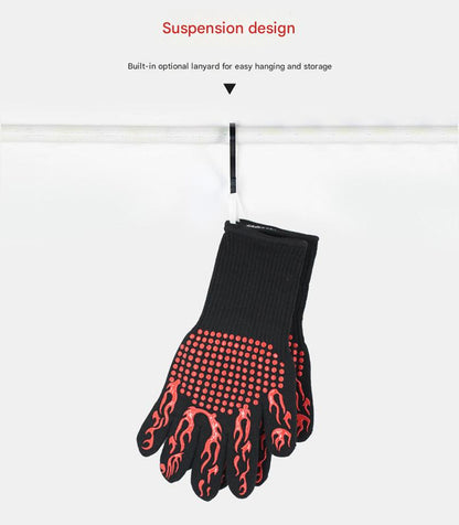 Red Flame Pattern Extreme Heat Resistant BBQ Gloves - 500°C Flame Design Oven Gloves with Non-Slip Silicone Grip