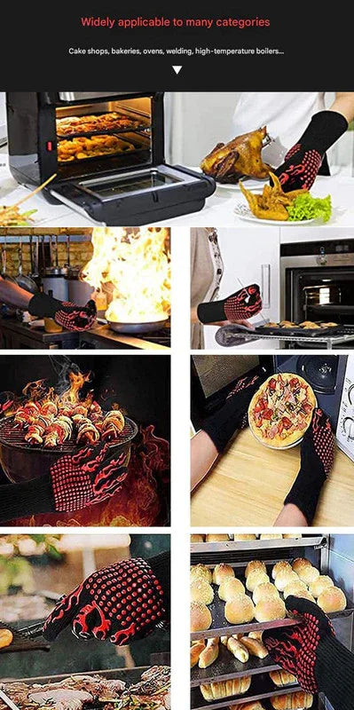 Red Flame Pattern Extreme Heat Resistant BBQ Gloves - 500°C Flame Design Oven Gloves with Non-Slip Silicone Grip