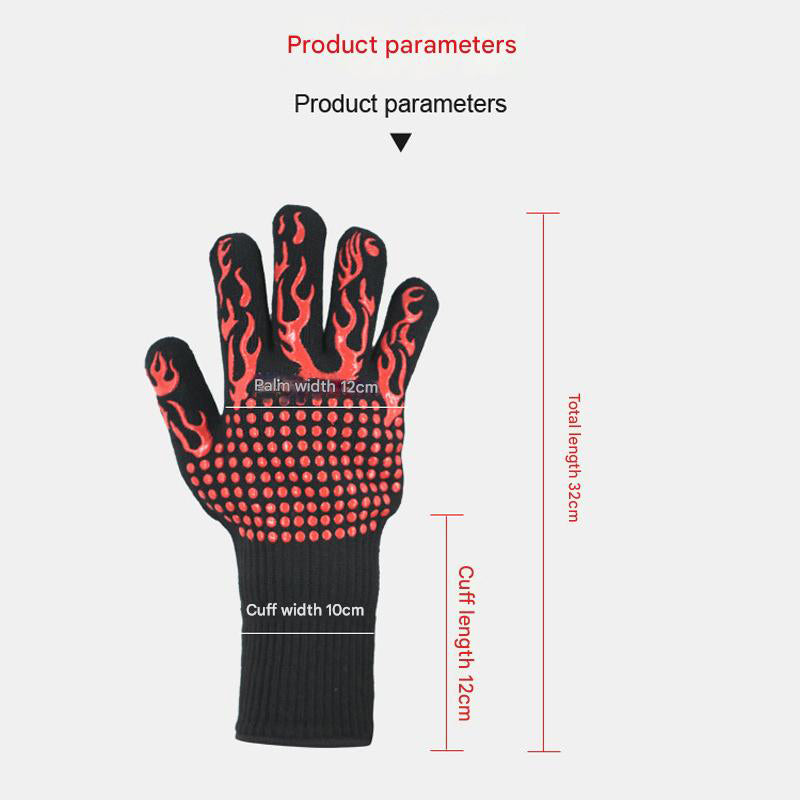 Red Flame Pattern Extreme Heat Resistant BBQ Gloves - 500°C Flame Design Oven Gloves with Non-Slip Silicone Grip