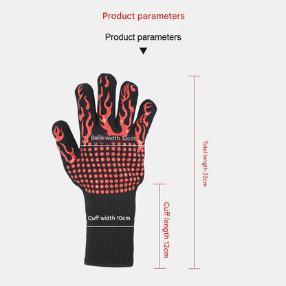 Red Flame Pattern Extreme Heat Resistant BBQ Gloves - 500°C Flame Design Oven Gloves with Non-Slip Silicone Grip