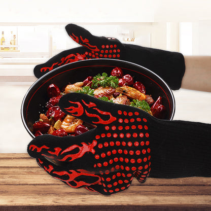 Red Flame Pattern Extreme Heat Resistant BBQ Gloves - 500°C Flame Design Oven Gloves with Non-Slip Silicone Grip