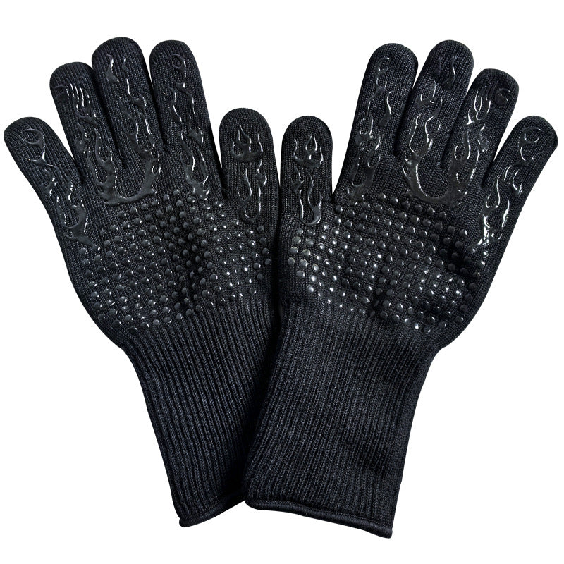 Black Flame Pattern Extreme Heat Resistant BBQ Gloves - 500°C Flame Design Oven Gloves with Non-Slip Silicone Grip