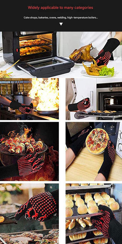 Blue Flame Pattern Extreme Heat Resistant BBQ Gloves - 500°C Flame Design Oven Gloves with Non-Slip Silicone Grip
