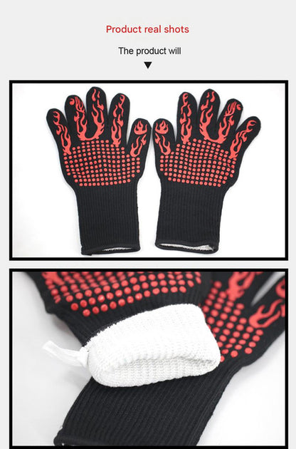 Blue Flame Pattern Extreme Heat Resistant BBQ Gloves - 500°C Flame Design Oven Gloves with Non-Slip Silicone Grip