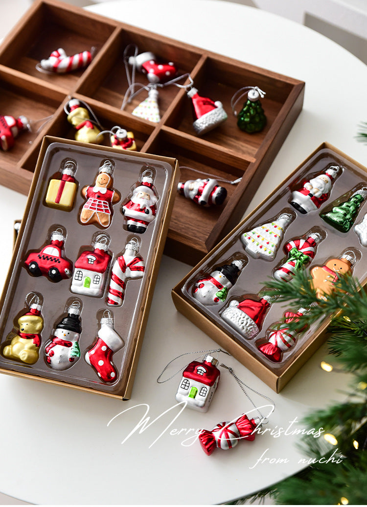 Style A Colorful Charming Miniature Glass Christmas Ornament Set - 9pc Classic Holiday Figures