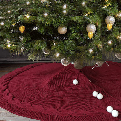 Festive Knit Christmas Tree Skirt - Acrylic Red Tree Mat with Pom-Poms 122cm