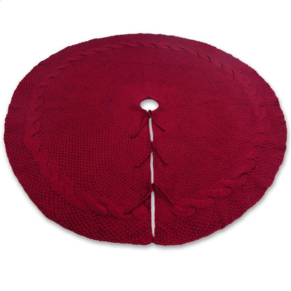Festive Knit Christmas Tree Skirt - Acrylic Red Tree Mat with Pom-Poms 122cm