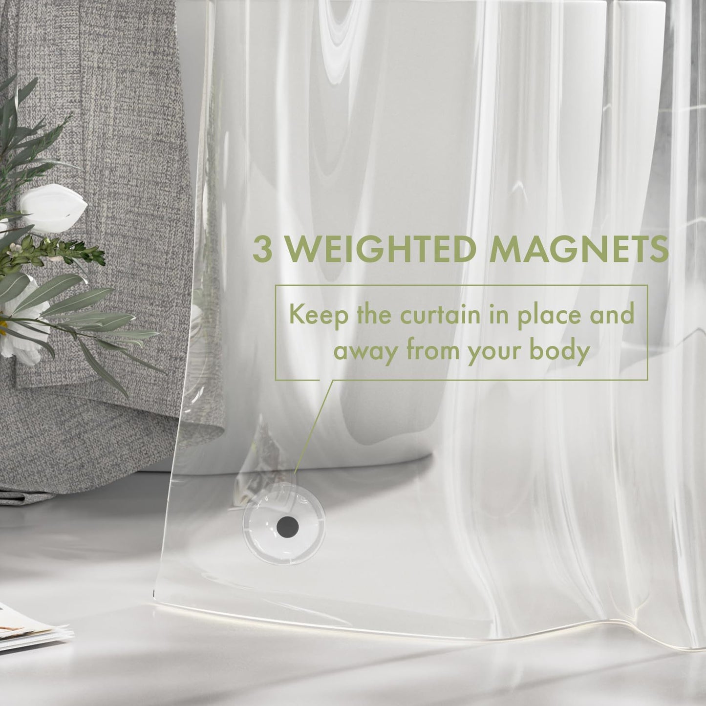 Heavy-Duty Clear PEVA Shower Curtain Liner with 3 Magnets - Waterproof & Easy-Clean Bathroom Liner with Hooks