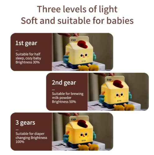 Adorable Milk Carton LED Night Light - USB Rechargeable Silicone Lamp with Tap Control, Timer & 3 Brightness Levels