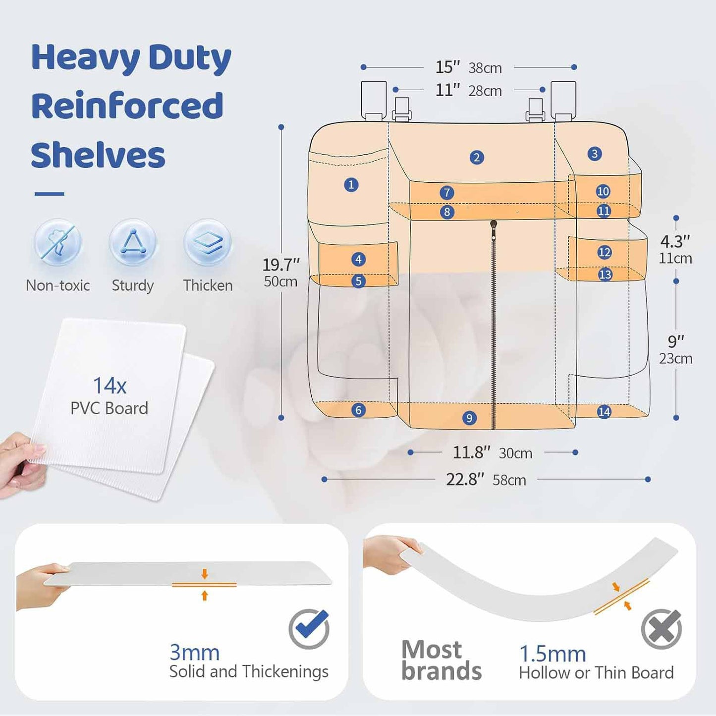 Light Grey Nursery Storage Organizer - Heavy Duty Reinforced Hanging Diaper Caddy for Crib or Wall (58x30x50 cm)