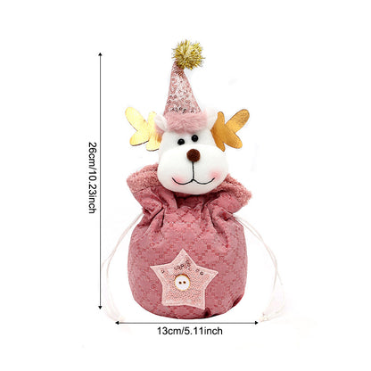 3 Pack Pink Christmas Drawstring Gift Bags Plush 3D Santa Snowman Reindeer Candy Pouches for Holiday Favours