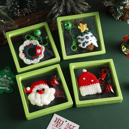 Handmade Christmas Crochet Keychain Knitted Yarn Keyring with Floating Display Case Festive Bag Charm Ideal for Kris Kringle and Stocking Stuffers