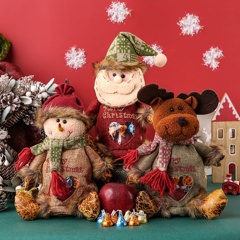 3 Pack Christmas Plush Treat Bags Santa Snowman Reindeer Gift Sacks with Heart Window Cute Holiday Candy Holders Ideal for Kids Parties