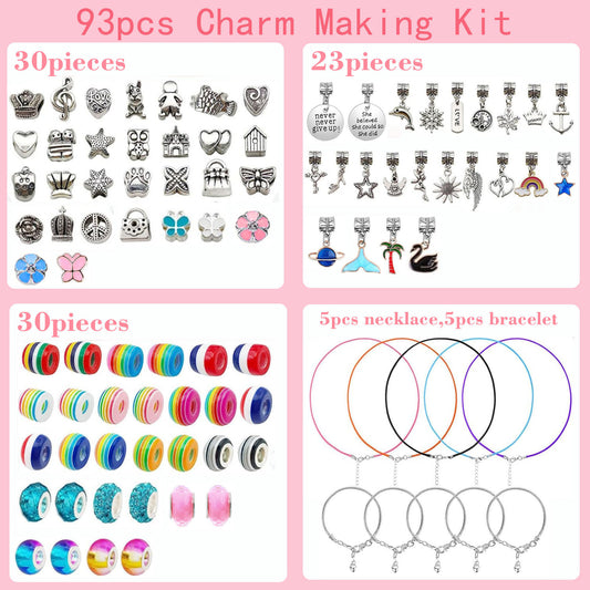 93 Piece DIY Charm Bracelet and Necklace Making Kit for Girls Creative Jewelry Craft Set with Rainbow Beads and Silver Pendants Ideal Kids Gift