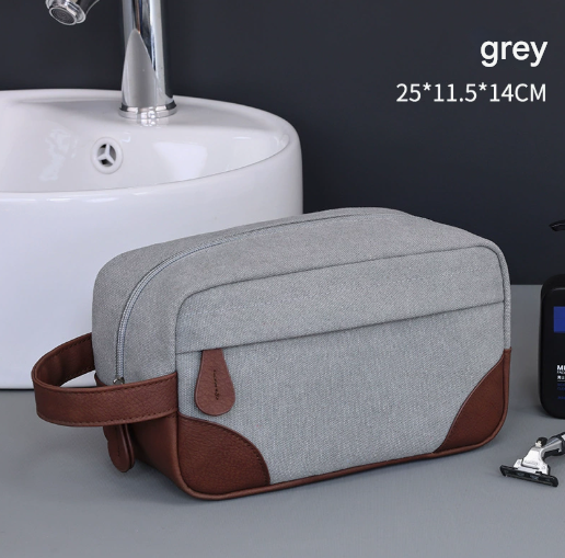Grey Men's Vintage Canvas Toiletry Bag PU Leather Accent Travel Wash Pouch Large Capacity Shaving Kit Organiser