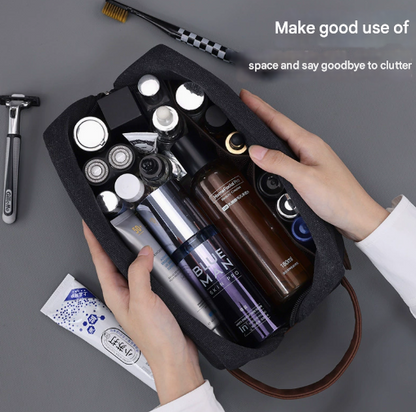 Black Men's Vintage Canvas Toiletry Bag PU Leather Accent Travel Wash Pouch Large Capacity Shaving Kit Organiser