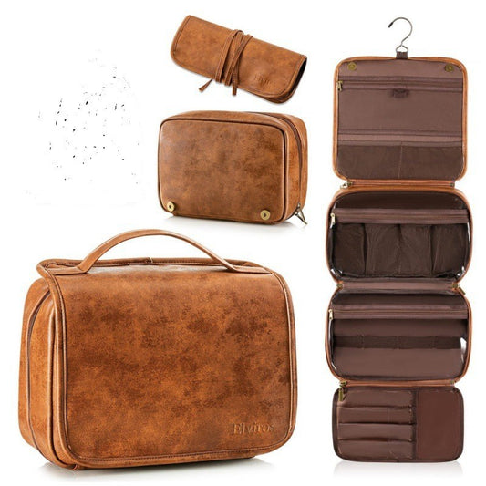 Brown Large Hanging Toiletry Bag Waterproof Leather Travel Organiser 4 Compartment Cosmetic Case with Swivel Hook Ideal for Holidays