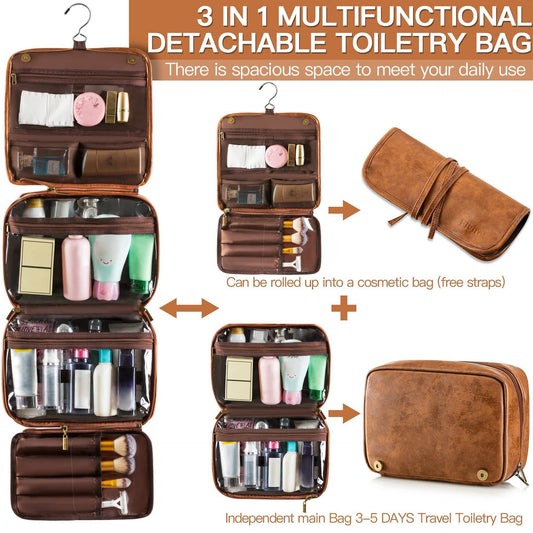 Brown Large Hanging Toiletry Bag Waterproof Leather Travel Organiser 4 Compartment Cosmetic Case with Swivel Hook Ideal for Holidays